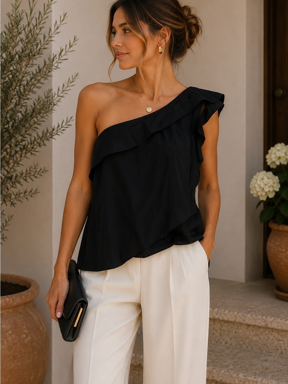 Zara Basic One Shoulder Ruffle Blouse Black Medium Asymmetrical Minimalist Top